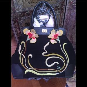 Vintage Lulu Guinness black cotton embroidered purse